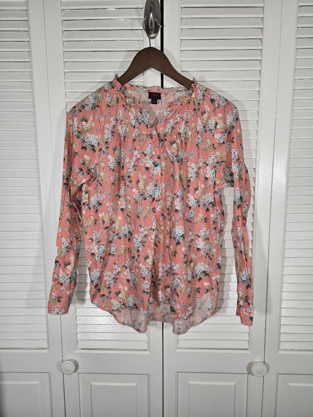 J Crew Liberty London Floral Ruffle Popover Blouse Coral Multi Color Sz 8